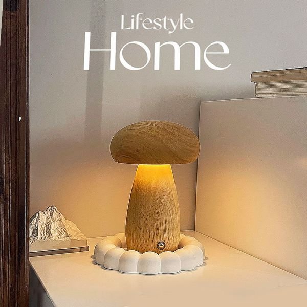 Portable Cordless Night Light Rechargeable Battery Powered Modern Wooden Mushroom Desk Lamp for Bedroom and Children's Room