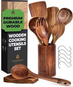 Wooden Kitchen Utensil Set Wooden Cooking Utensils Set With Holder Spoons for Cooking Nature Teak and Acacia Wood Material