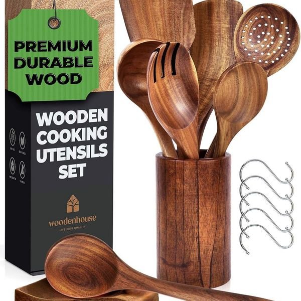 Wooden Kitchen Utensil Set Wooden Cooking Utensils Set With Holder Spoons for Cooking Nature Teak and Acacia Wood Material