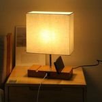 Usb Charging Port Bedside Lamp Rectangle Base Wood Fabric Table Lamp 3 Way Dimmable Led Hotel Bedroom Table Light