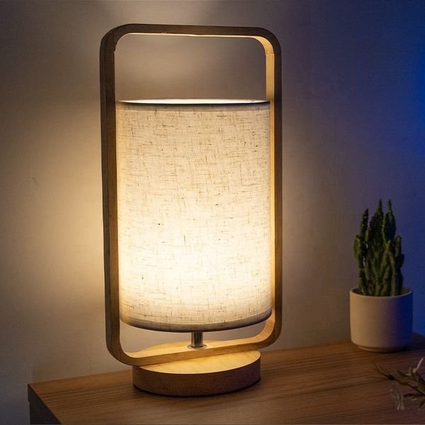 Nordic European Living Room Bedroom Portable Reading Lamp Bedside Dimmable Wooden Lantern Lamp with Cylinder Fabric Lampshade