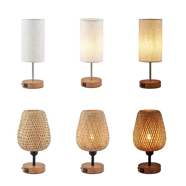 Modern Bedroom Nightstand Light Dimmable Button Switch USB Adapter Supply Bedside Fabric Table Lamp Wood Desk Lamp Table Light