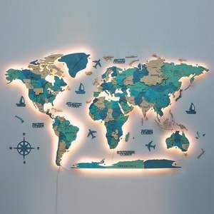 Large Modern Wooden World Map Wall Art Decorations 3D Home Decor Gift With Led Lights for Travel Enthusiasts