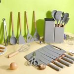 19-Piece Food Grade Solid Wood Handle Silicone Kitchenware Set Cutting Tools and Cooking Utensils Including Spatulas and Spoons