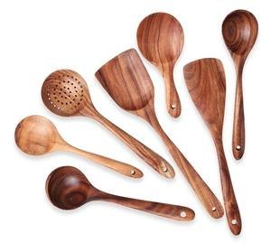 Top Rated Durable Natural Teak Wood Kitchen Utensils Set Wooden Spoons Spatula for Cooking Stylish Crock Design for Home Use