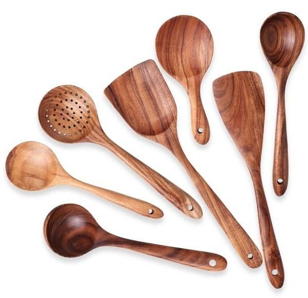 Top Rated Durable Natural Teak Wood Kitchen Utensils Set Wooden Spoons Spatula for Cooking Stylish Crock Design for Home Use